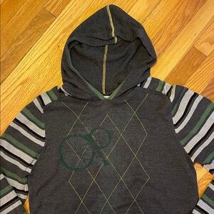 Vintage OCEAN PACIFIC Charcoal Hooded Sweater w/ Green Yellow Gray Black Accents